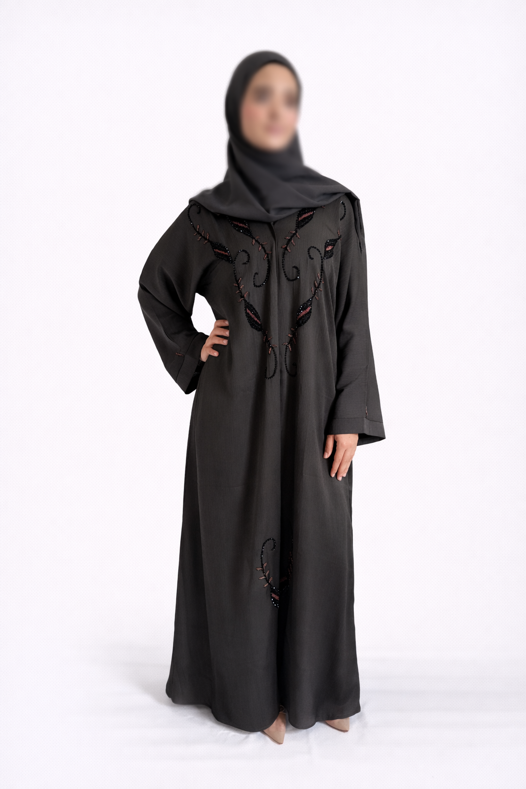 Abaya Dubaï Prestige – Gris Foncé & Détails Strass ✨