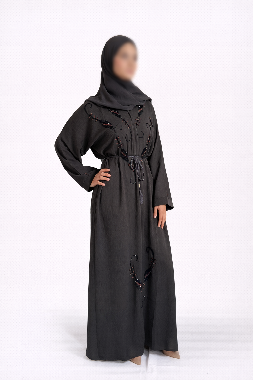 Abaya Dubaï Prestige – Gris Foncé & Détails Strass ✨